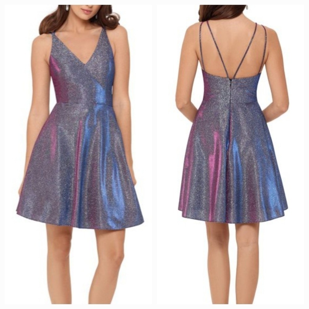 Xscape Glitter Metalic Spaghetti Strap Fit & Flare Mini Dress Size 0 Iridescent